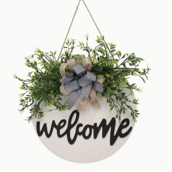 Welcome Sign Rustic Farmhouse Front Door Wreath Buffalo Plaid Check Black White - Picture 7 of 10